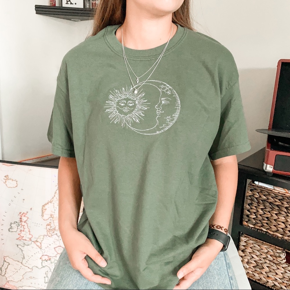 Custom Embroidered Sage Green Sun Moon Tee Shirt